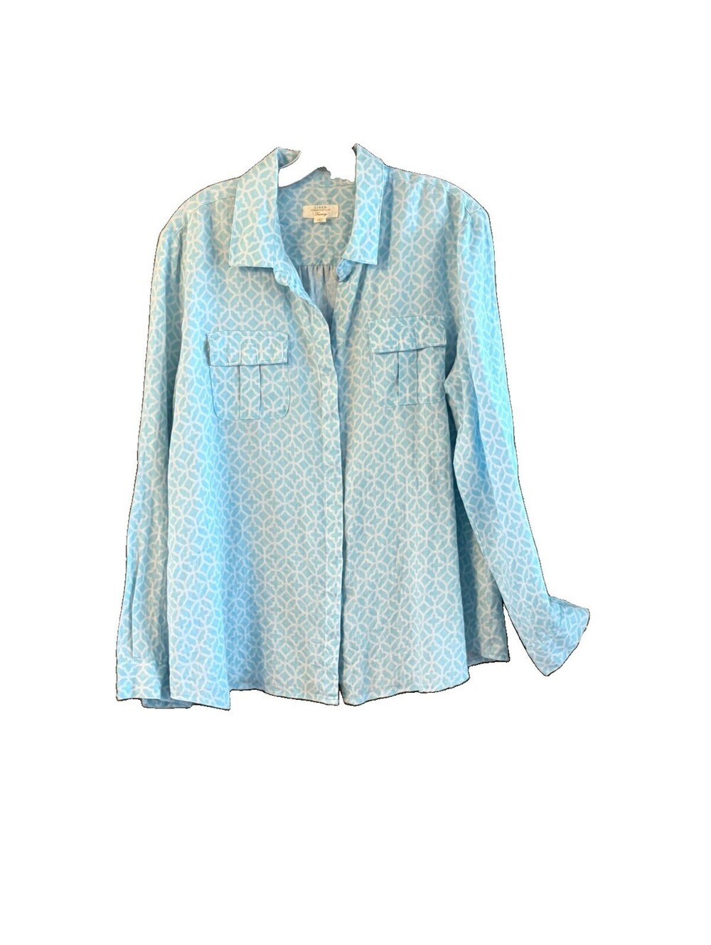 Charter Club XL Linen Blouse Turquoise &White Print